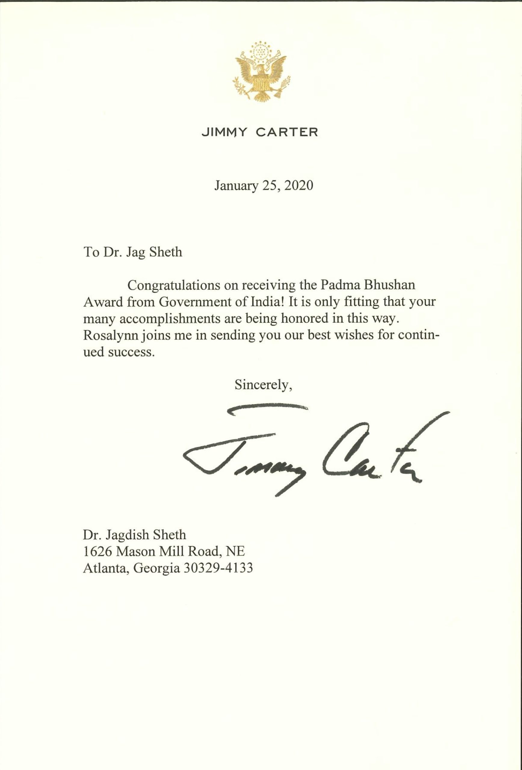 Letter from President Jimmy Carter Congratulating Dr. Sheth on Receiving the Padma Bhushan Award